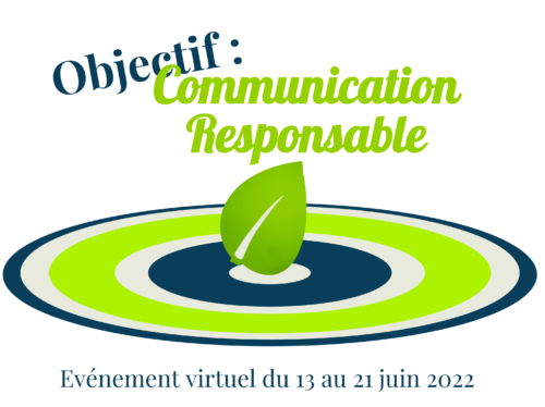 Logo de Objectif Communication Responsable. Le logo est vert clair et bleu foncé, il symbolise une feuille qui tombe dans l'eau, créant une onde d'impact positif...